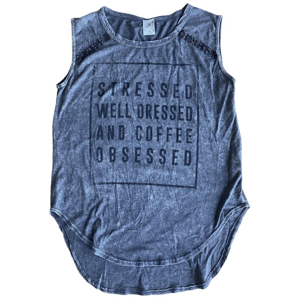 American Age Graphic Tank XS Stressed Well Dressed Coffee Obsessed Quote Top Fun